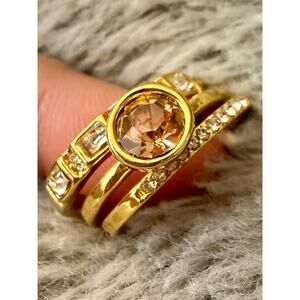 3set Gold plated ring Size 8 with rose-cut Morganite center stone & pave